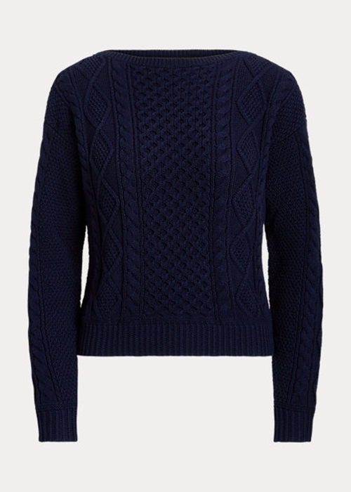 Ralph Lauren Aran-Knit Bomull Boatneck Tröjor Dam Marinblå | 739426-SHW