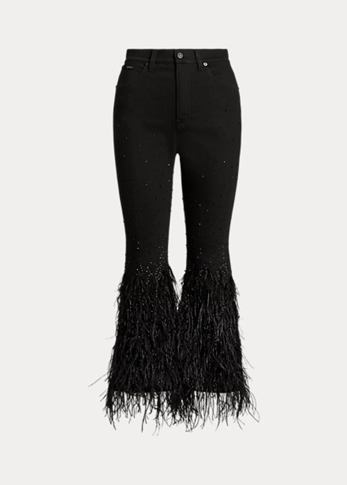 Ralph Lauren Beaded Feather-Trim High-Rise Flare Jeans Dam Svarta | 073826-WME