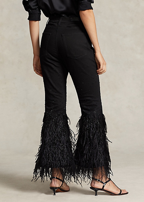 Ralph Lauren Beaded Feather-Trim High-Rise Flare Jeans Dam Svarta | 073826-WME