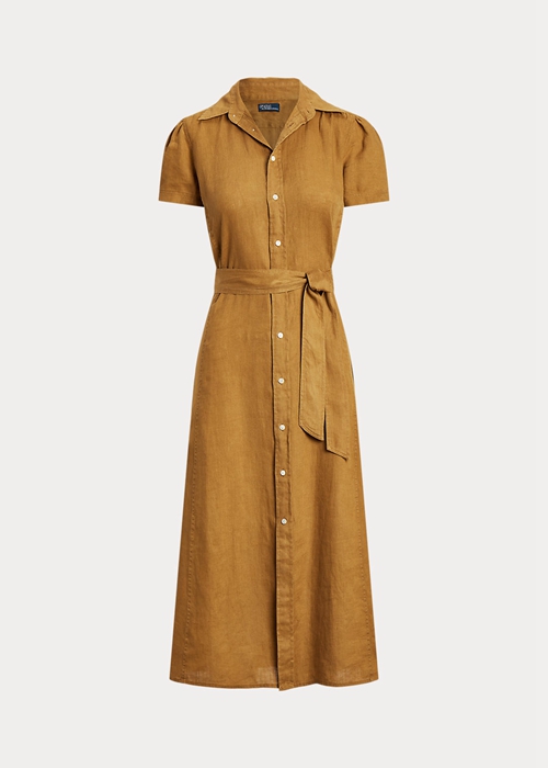 Ralph Lauren Belted Linen Korta-Sleevedress Klänning Dam Bruna | 987316-AVH