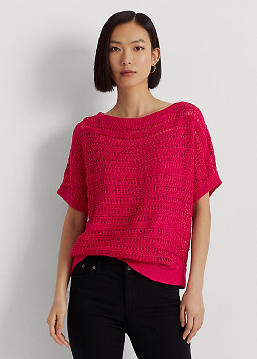 Ralph Lauren Bomull Mesh Korta-Sleeve Tröjor Dam Fuchsia | 475613-PHI