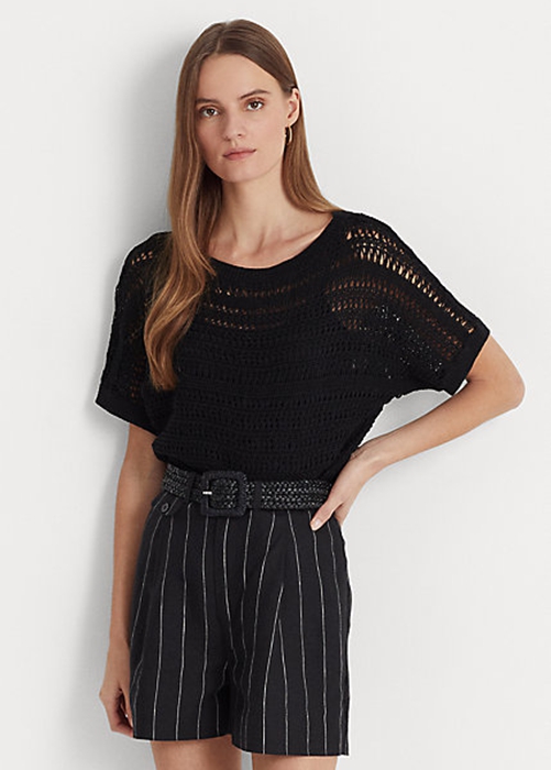 Ralph Lauren Bomull Mesh Korta-Sleeve Tröjor Dam Svarta | 508146-CRZ