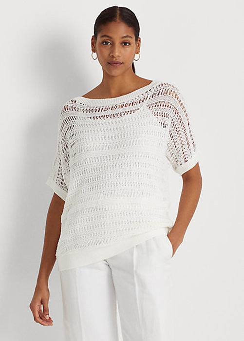 Ralph Lauren Bomull Mesh Korta-Sleeve Tröjor Dam Vita | 591603-UMI