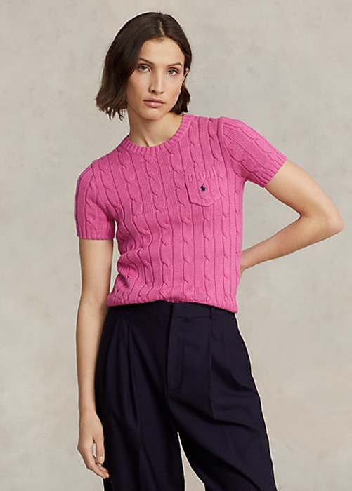 Ralph Lauren Cable-Knit Bomull Korta-Sleeve Tröjor Dam Fuchsia | 054863-FEP