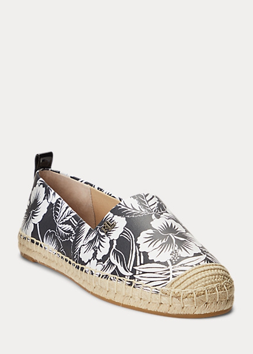 Ralph Lauren Cameryn III Floral Läder Espadrille Dam Vita Svarta | 075296-EDV