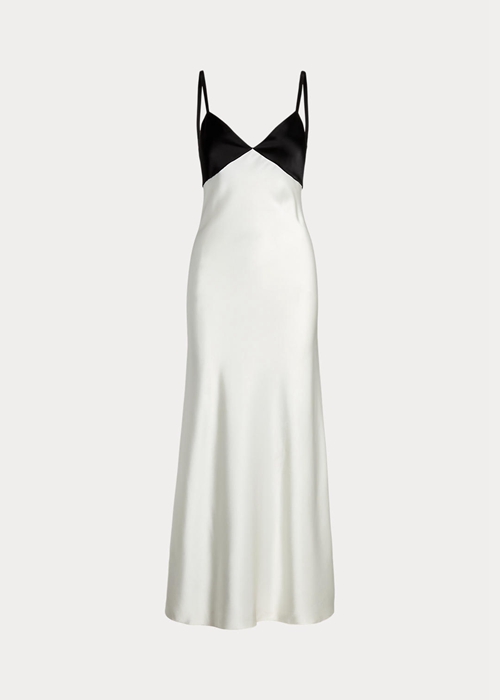 Ralph Lauren Contrast Satin Ärmlös Gown Klänning Dam Vita Svarta | 087943-DLN