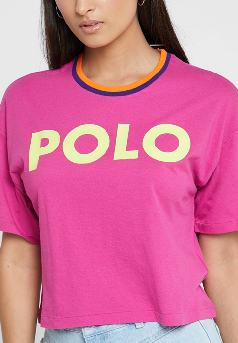 Ralph Lauren Crew Neck Tryck T-shirt Dam Rosa | 984237-ALR