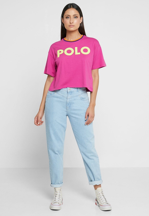 Ralph Lauren Crew Neck Tryck T-shirt Dam Rosa | 984237-ALR