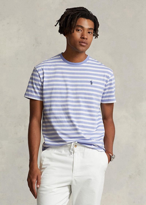 Ralph Lauren Custom Slim Fit Randig Jersey T-shirt Herr Blå | 108946-VSA