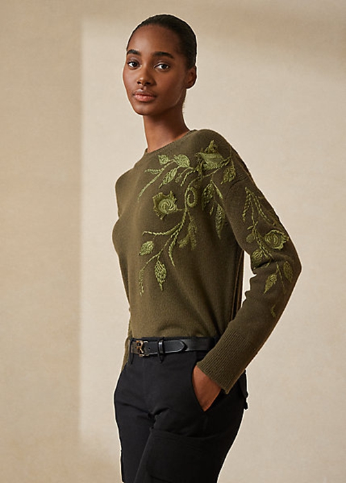 Ralph Lauren Embellished Cashmere Crewneck Tröjor Dam Olivgröna | 816250-OFU