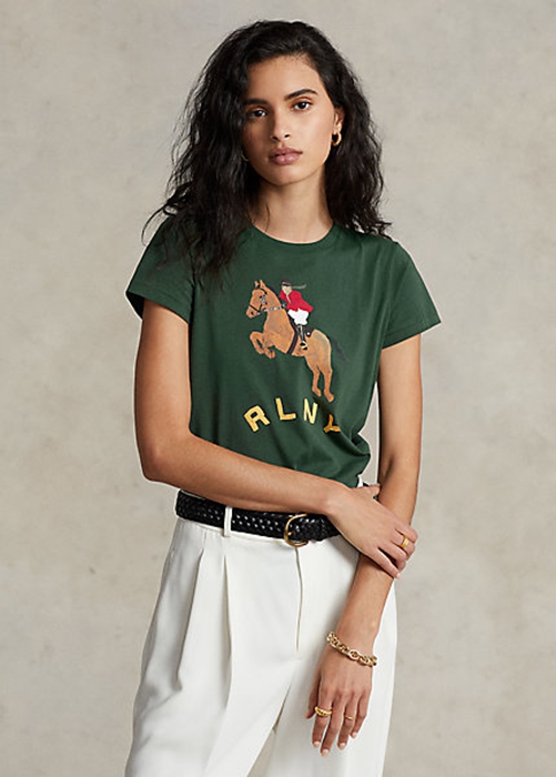 Ralph Lauren Equestrian Appliqué Logo Jersey T-shirt Dam Gröna | 358970-PZQ