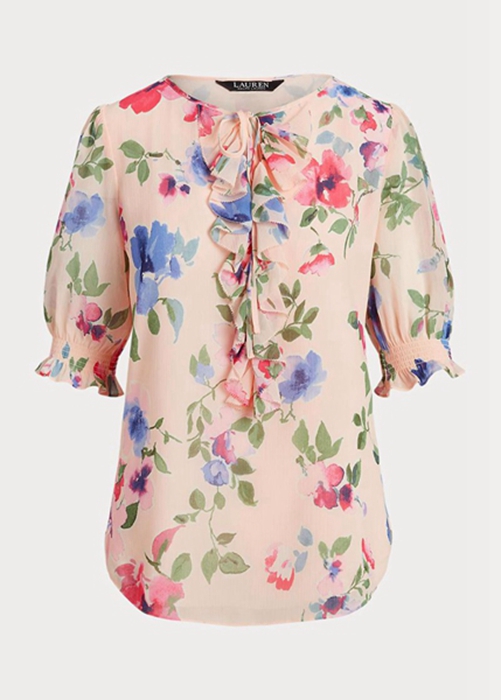 Ralph Lauren Floral Crinkle Georgette Blouse Blast Dam Rosa | 385671-UET