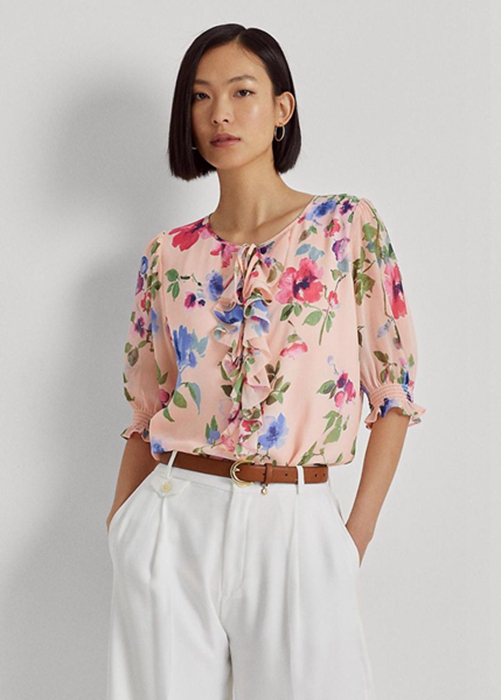 Ralph Lauren Floral Crinkle Georgette Blouse Blast Dam Rosa | 385671-UET