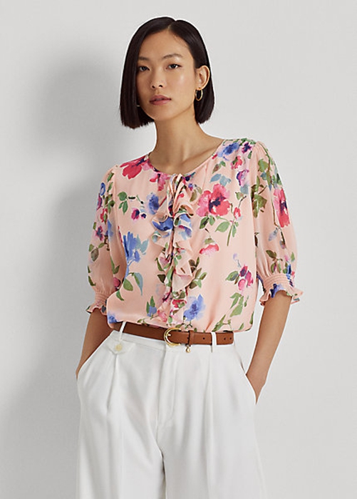 Ralph Lauren Floral Crinkle Georgette Blouse Blast Dam Rosa | 795312-PDG