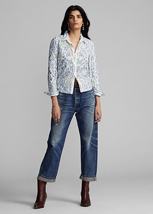 Ralph Lauren Floral-Embroidered Bomull Blouse Skjorta Dam Olika Färger | 926541-BWY