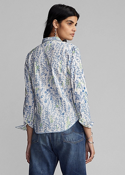 Ralph Lauren Floral-Embroidered Bomull Blouse Skjorta Dam Olika Färger | 926541-BWY