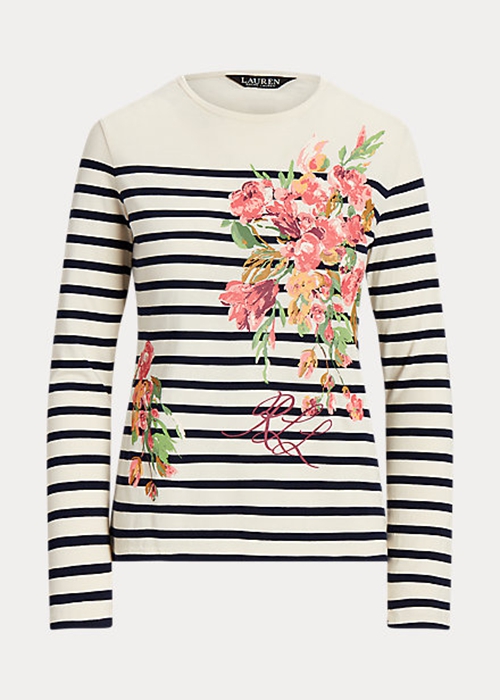 Ralph Lauren Floral & Randig Jersey Long-Sleeve T-shirt Dam Grädde Marinblå | 947263-ICN