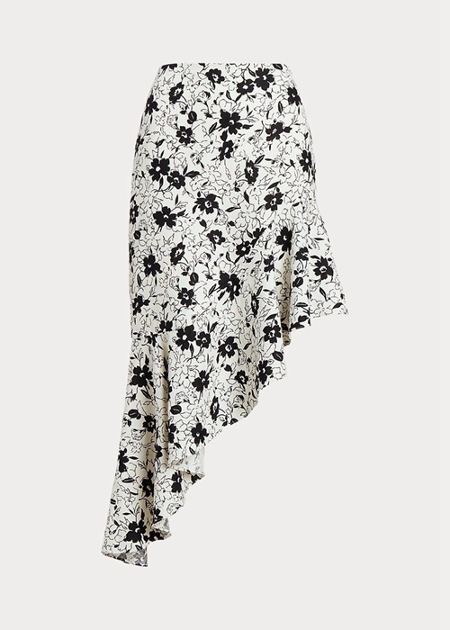 Ralph Lauren Floral Ruffled Asymmetrical Linen Kjolar Dam Grädde Svarta | 173620-UPM