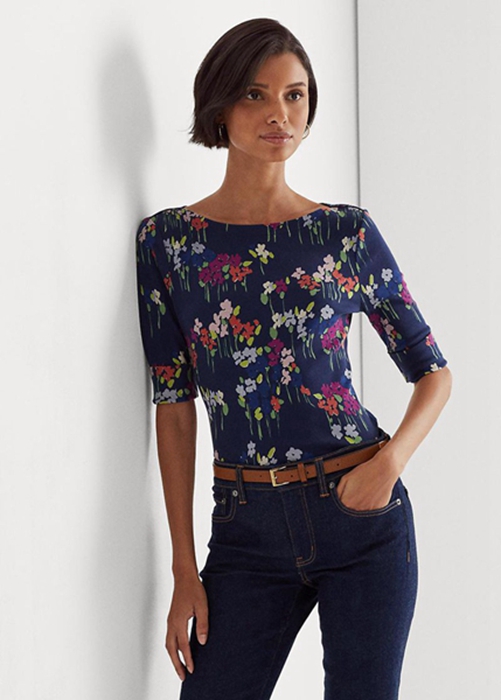 Ralph Lauren Floral Stretch Bomull Boatneck T-shirt Dam Olika Färger | 102537-VES