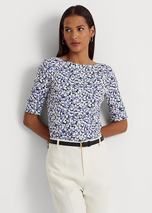 Ralph Lauren Floral Stretch Bomull T-shirt Dam Blå | 570219-HLI