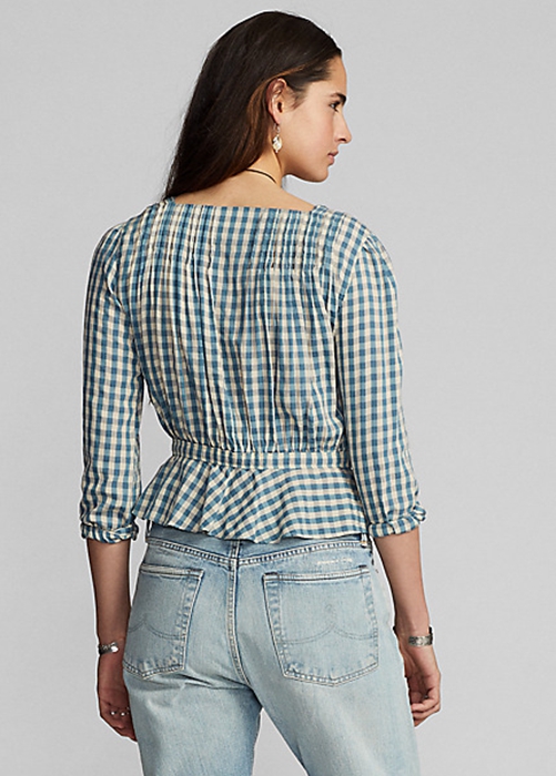 Ralph Lauren Gingham Voile Peplum Blouse Skjorta Dam Grädde Blå | 431209-DQN