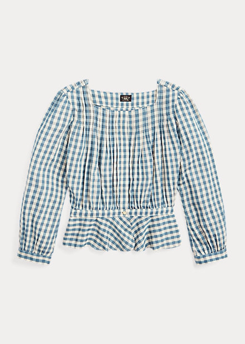 Ralph Lauren Gingham Voile Peplum Blouse Skjorta Dam Grädde Blå | 431209-DQN