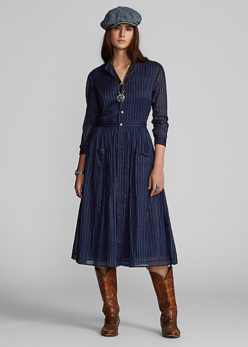 Ralph Lauren Indigo Bomull Voiledress Klänning Dam Marinblå | 510924-CVT