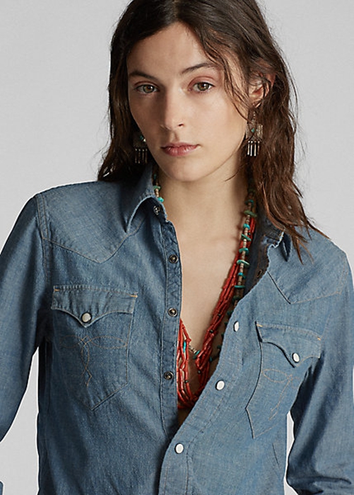 Ralph Lauren Indigo Chambray Western Skjorta Dam Blå | 037694-HTQ