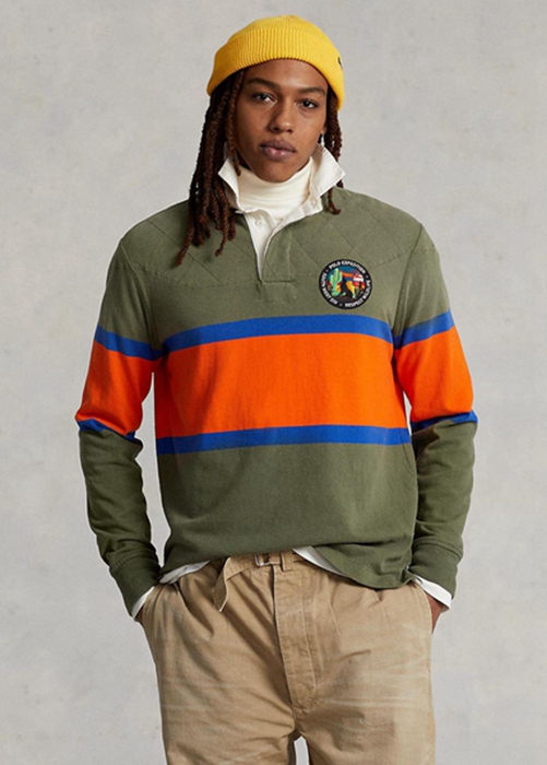 Ralph Lauren Klassiska Fit Randig Rugby Piketröja Herr Olivgröna | 365097-ZJX