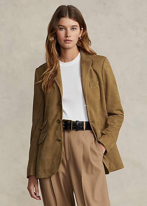 Ralph Lauren Lambskin Mocka Hacking Blazers Dam Khaki | 897046-MCJ