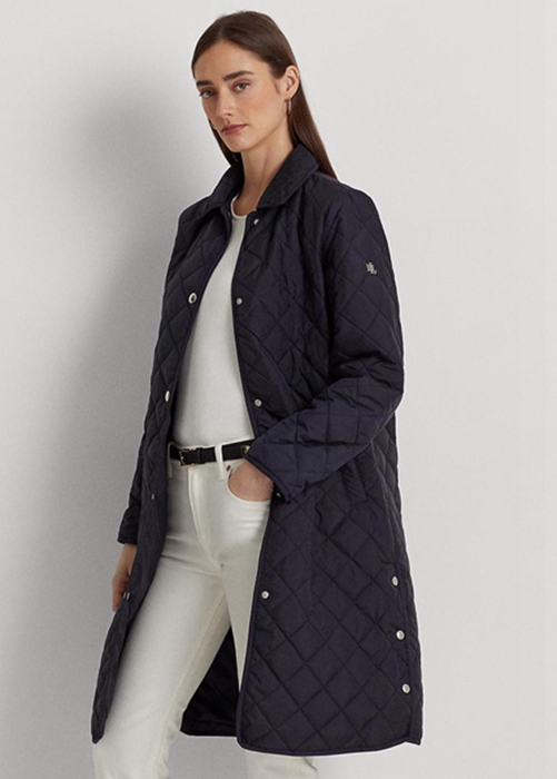 Ralph Lauren Long Quiltad Jacka Dam Marinblå | 190352-IJE