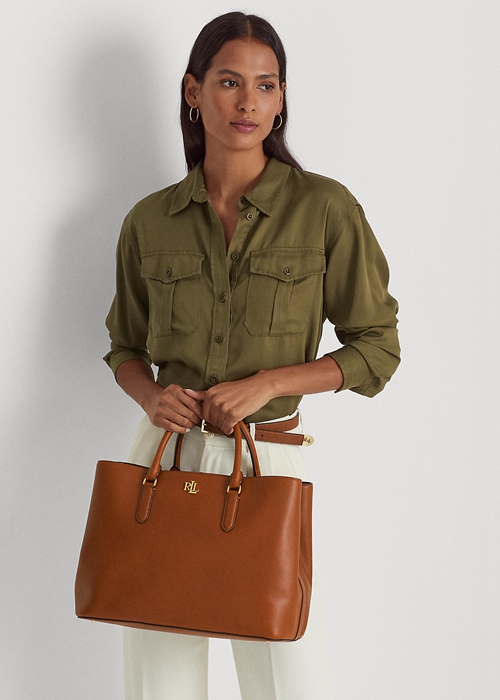 Ralph Lauren Läder Large Marcy Satchel Väska Dam Lauren Tan | 504132-WRI