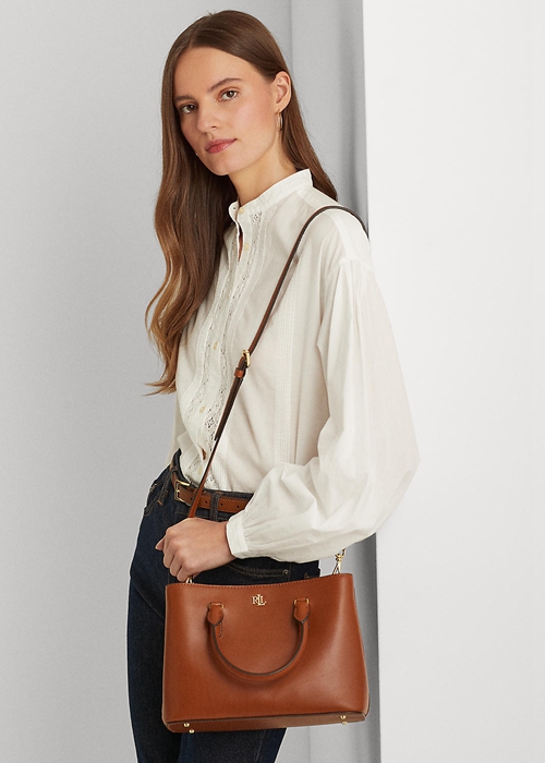 Ralph Lauren Läder Small Marcy Satchel Väska Dam Lauren Tan | 012875-MXY