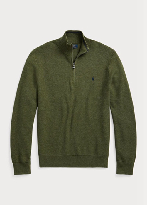 Ralph Lauren Mesh-knit Bomull Quarter-zip Jumper Tröjor Herr Olivgröna | 652708-GTM