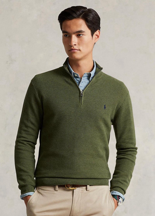 Ralph Lauren Mesh-knit Bomull Quarter-zip Jumper Tröjor Herr Olivgröna | 652708-GTM