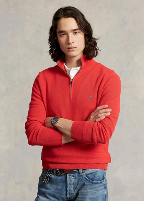 Ralph Lauren Mesh-knit Bomull Quarter-zip Jumper Tröjor Herr Röda | 658071-CBI