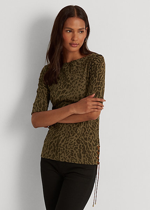 Ralph Lauren Ocelot-Print Bomull Boatneck Blast Dam Olivgröna | 482365-HRT