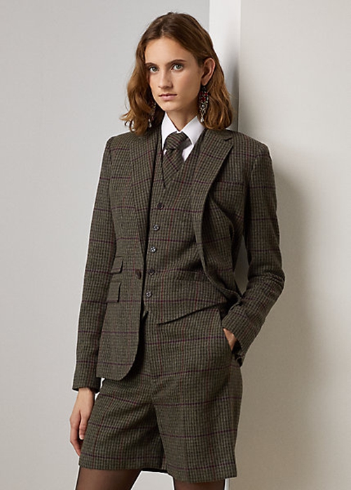 Ralph Lauren Parker Checked Plaid Tweed Jacka Dam Olivgröna Bruna | 671924-ROZ