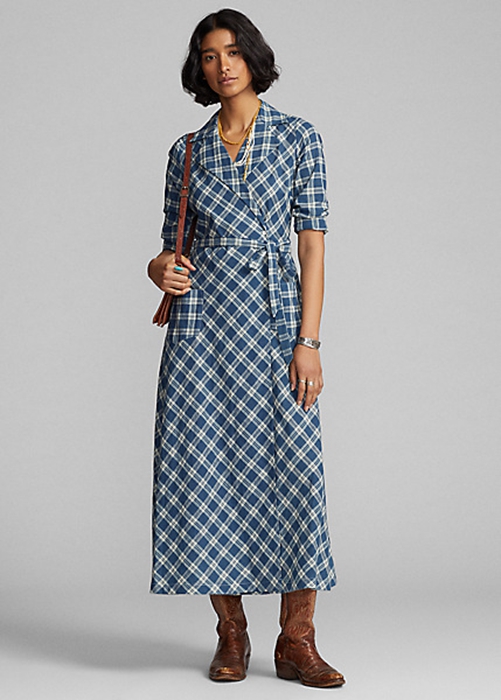 Ralph Lauren Plaid Bomull Voile Wrap Klänning Dam Blå | 295408-BMD