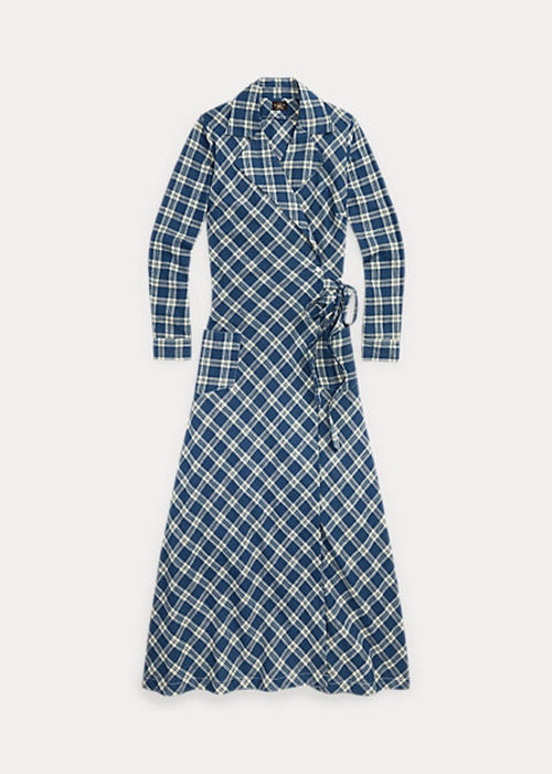 Ralph Lauren Plaid Bomull Voile Wrap Klänning Dam Blå | 295408-BMD