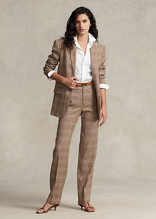 Ralph Lauren Plaid Ull-Linen Tweed Hetero-Leg Byxor Dam Bruna | 365948-AKZ