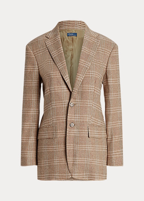 Ralph Lauren Plaid Ull-Linen Tweed Jacka Dam Bruna | 810634-JZN