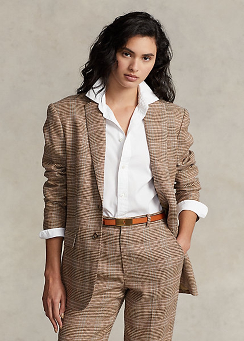 Ralph Lauren Plaid Ull-Linen Tweed Jacka Dam Bruna | 810634-JZN