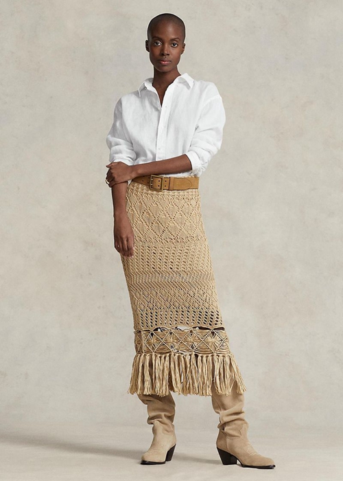 Ralph Lauren Pointelle-knit Macrame Fringe Kjolar Dam Beige | 765824-RAH