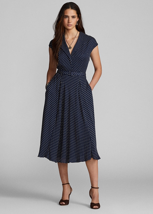 Ralph Lauren Polka-Dot Silk Georgette Klänning Dam Marinblå Grädde | 408251-BFL