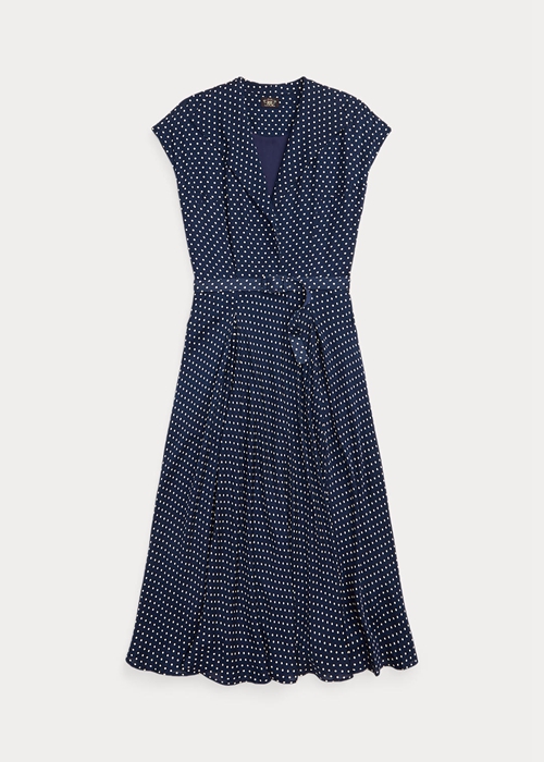 Ralph Lauren Polka-Dot Silk Georgette Klänning Dam Marinblå Grädde | 408251-BFL