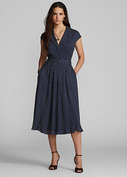 Ralph Lauren Polka-Dot Silk Georgette Klänning Dam Marinblå Grädde | 957306-YQB