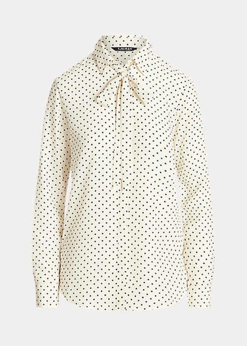 Ralph Lauren Polka-Dot Tie-Neck Crepe Skjorta Dam Grädde Marinblå | 876190-IET