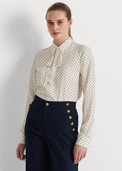 Ralph Lauren Polka-Dot Tie-Neck Crepe Skjorta Dam Grädde Marinblå | 876190-IET