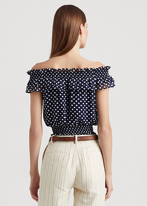 Ralph Lauren Polka-dot Off-the-shoulder Blouse Skjorta Dam Marinblå | 754631-GBD